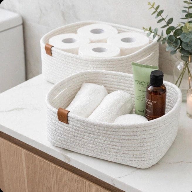 Two white woven rope storage baskets with brown leather handles sit on a white marble bathroom counter. The front basket contains white towels and a green and brown bottle, while the rear basket holds several rolls of toilet paper.
