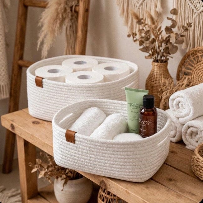 Two round woven rope baskets with brown leather accents sit on a wooden bench in a styled bathroom setting. The front basket holds rolled white towels and a green tube and an amber bottle, while the rear basket holds several rolls of toilet paper.