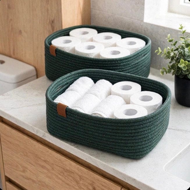 Two dark green rope storage baskets with brown leather accents, filled with white toilet paper rolls, placed on a bathroom counter next to a sink and a small potted plant.
