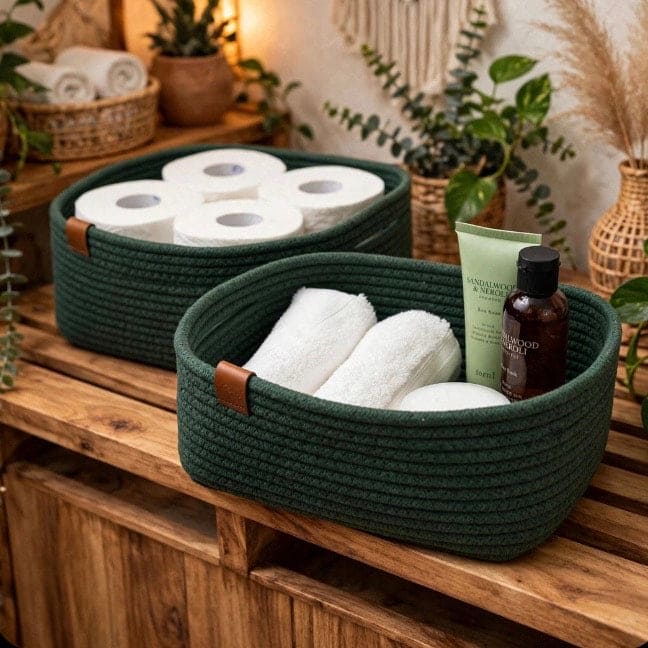 Two dark green rope storage baskets on a wooden cabinet, styled with toilet paper rolls, white towels, a green bottle, and a tube of hand cream in a warm, rustic bathroom setting.