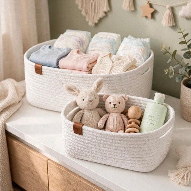 Two round woven rope baby storage baskets in a soft neutral nursery setting. The larger basket in the back holds folded baby clothes, and the smaller basket in the front holds plush toys, a wooden teething ring, and a light green bottle.