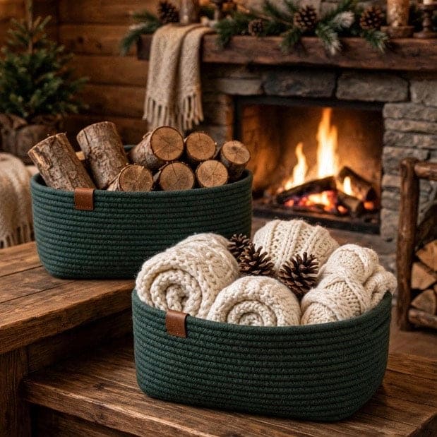Two dark green rope storage baskets on a rustic wooden table in front of a cozy stone fireplace. One basket holds stacked firewood logs, and the other holds rolled cream knit blankets with pinecones.