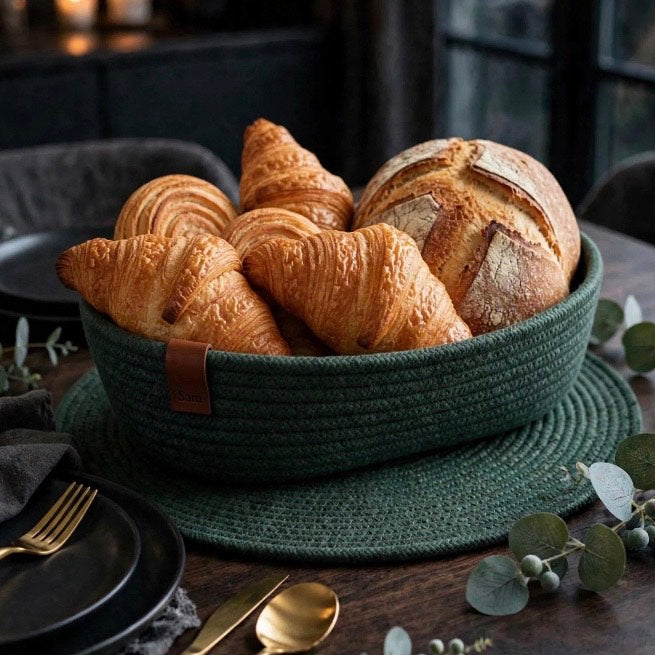 A green cotton breadbasket