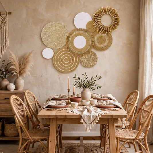 cluster wall decor made of eight round woven jute discs in beige and white with fringe and spiral patterns, handmade boho wall art by Sam Crafty Gallery