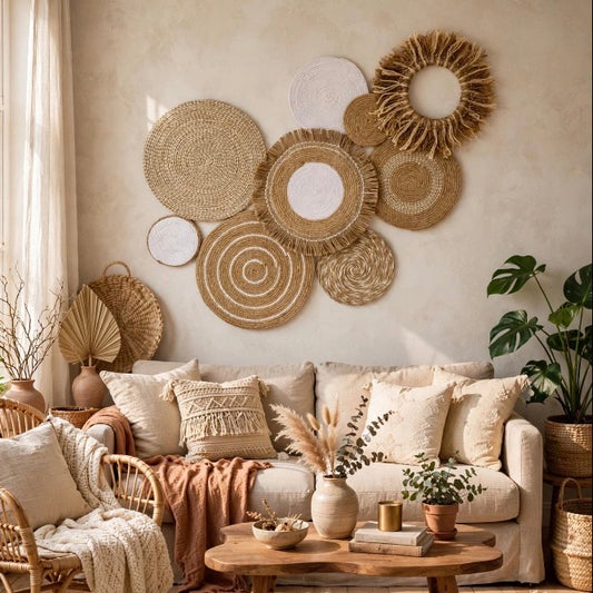 cluster wall decor made of eight round woven jute discs in beige and white with fringe and spiral patterns, handmade boho wall art by Sam Crafty Gallery