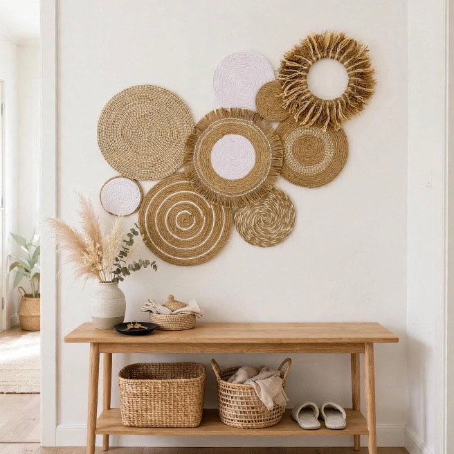 cluster wall decor made of eight round woven jute discs in beige and white with fringe and spiral patterns, handmade boho wall art by Sam Crafty Gallery