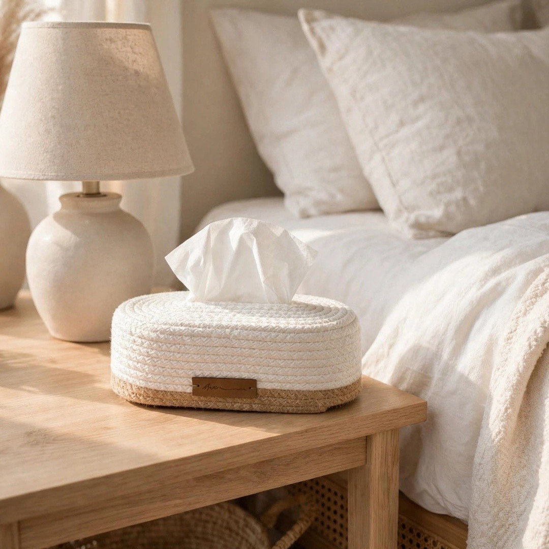 A woven round tissue box cover holding white tissue paper, placed on a light wood bedside table next to a lamp and a bed with white linens in a softly lit bedroom.