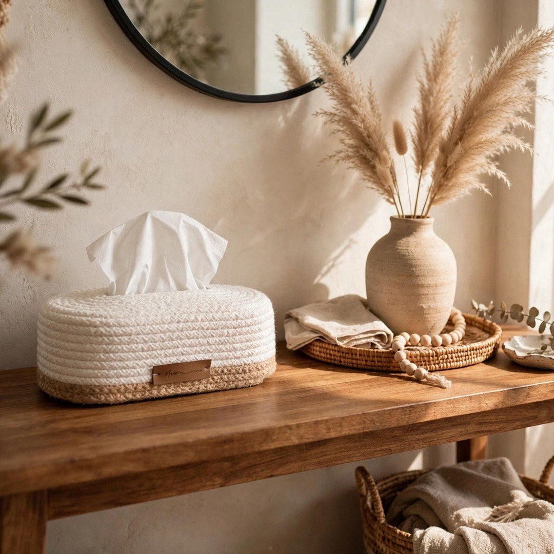 A woven cream tissue box cover with a small brown leather label sits on a wooden console table in a styled interior setting with a mirror, pampas grass in a vase, and neutral textiles.
