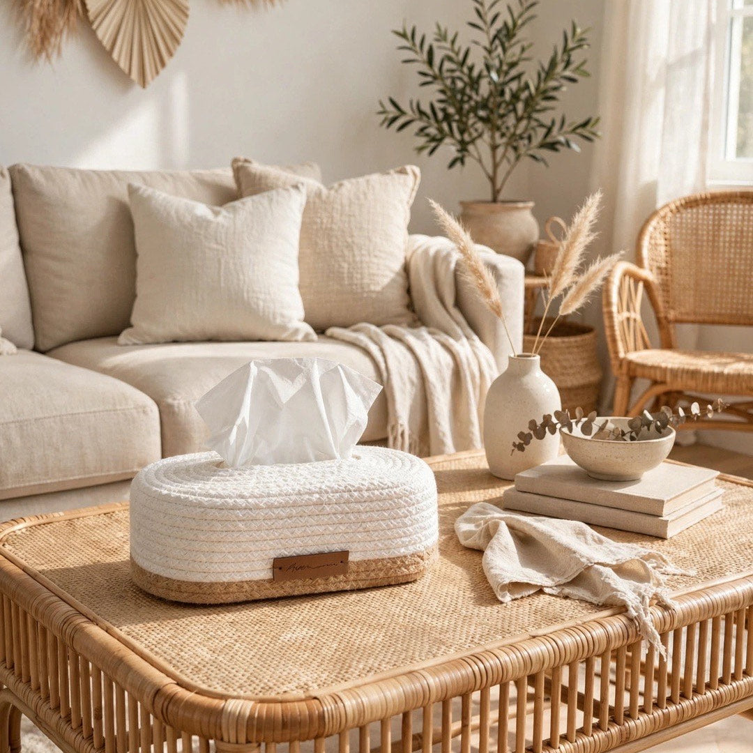 A woven oval tissue box cover sits on a rattan coffee table in a bright, neutral-toned living room. The scene includes a beige sofa, throw blanket, pampas grass, a wicker chair, and a ceramic vase.